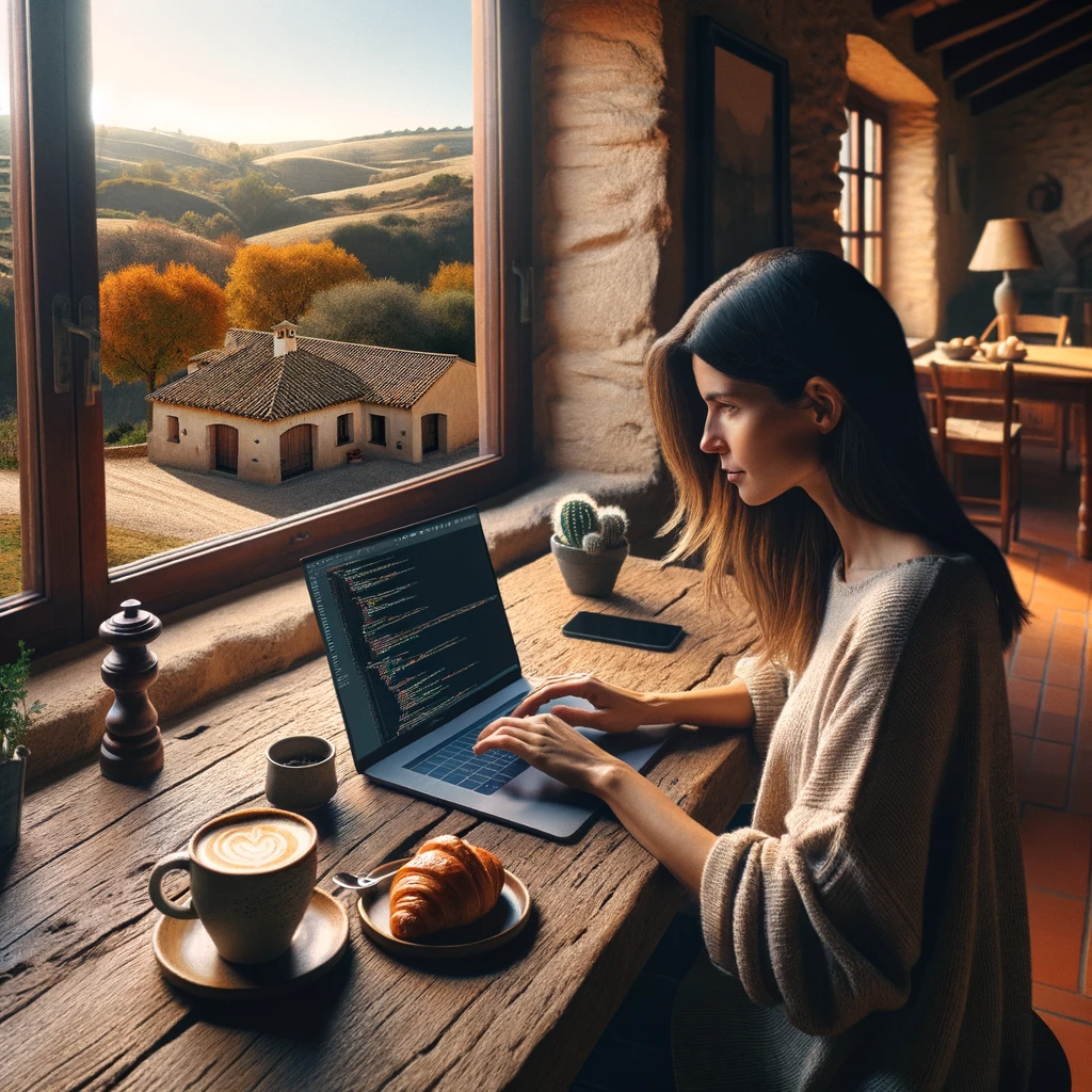 Image created by an AI of a woman sitting in front of a windows with a latter and a croissant